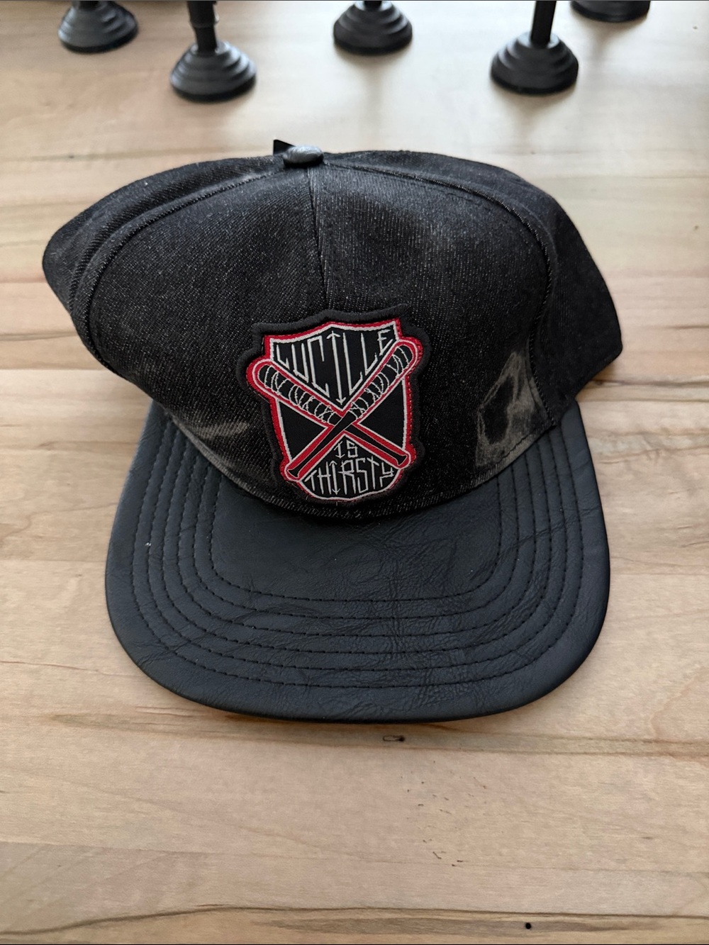 Black Denim Snapback Hat with Red Patch Emblem